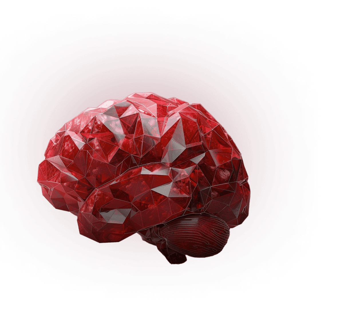 3D-Darstellung eines roten, facettenreichen Gehirns auf rosa Hintergrund.